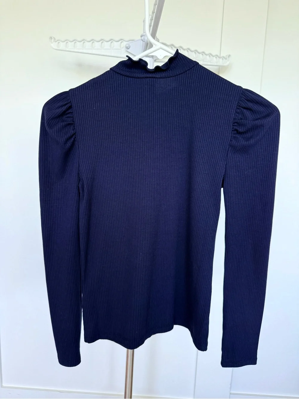 Janie and Jack Girl Navy Ribbed Mock Neck Top with Puff Sleeves and Gold Buttons